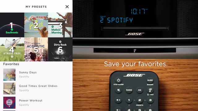 music system IV banner showing the device, remote and spotify window
