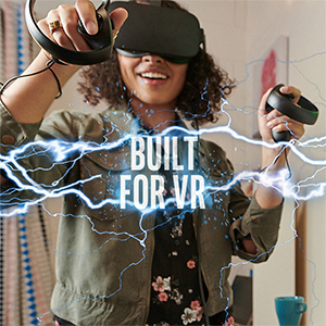 A Woman with a VR Headset and Controllers, Smiling and Playing