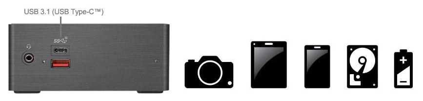 GIGABYTE GB-BRi7H-8550 BRIX Barebone PC Facing Forwar Showing Its USB 3.1 (USB Type-C) Port and Icons for Camera, Tablet, Smartphone, HDD and Battery Icon