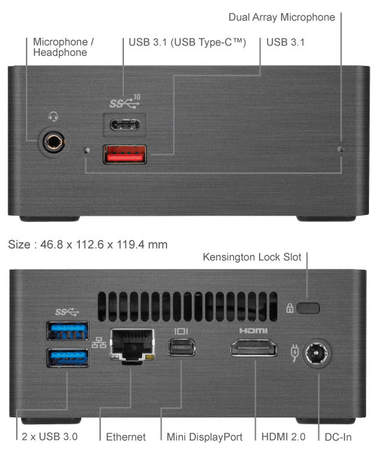 GIGABYTE BRIX GB-BRi7H-8550 Barebone PC Showing Its Sides with Microphone/Headphone, USB 3.1 (USB Type-C), USB 3.1, Dual Array Microphone, Size: 46.8 x 112.6 x 119.4 mm, Kensington Lock, 2x USB 3.0, Ethernet, Mini DisplayPort, HDMI 2.0 and DC-In
