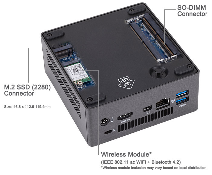 Bottom Side of the GIGABYTE BRIX GB-BRi7H-8550 Barebone PC with Graphics and Text Pointing Out the M.2 SSD (2280) Connector, Size: 46.8 x 112.6 x 119.4mm, Wireless Module (IEEE 802.11 ac WIFI + Bluetooth 4.2) *Wireless module inclusion may vary based on local distribution.