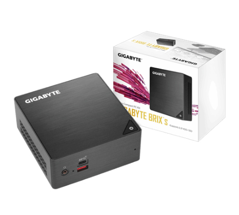 GIGABYTE GB-BRi7H-8550 Barebone PC Angled Down to the Right Next to Its Product Box