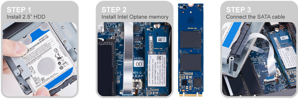 Three Steps to Install 2.5 Inch HDD, Intel Optane Memory and Connecting the SATA Cable