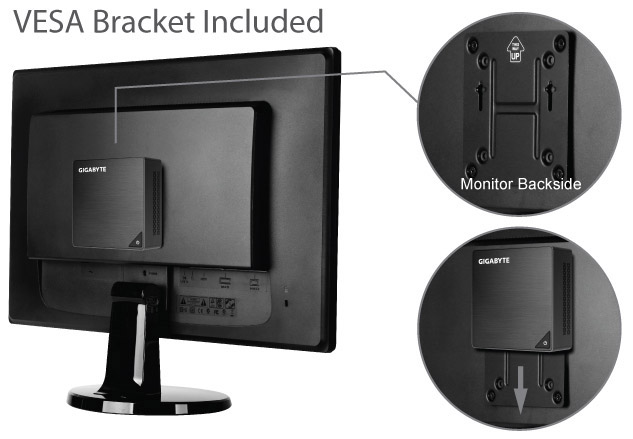 GIGABYTE BRIX GB-BRi7H-8550 PC Mounted Behind a Monitor, along with closeups of the VESA bracket