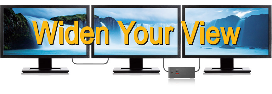 Three Monitors Side by Side Sharing an Image of Water Falls while also being connected to a GIGBAYTE BRIX GB-BRi5-8250 PC