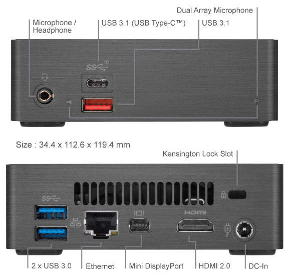 Side of the GIGABYTE BRIX GB-BRi5-8250 with Mic/Headphone, USB 3.1 Type-C, USB 3.1 Type-A and Dual Array Microphone another shot shows the PC side with Two USB 3.0, Ethernet, Mini DisplayPort, HDMI 2.0, DC-In and Kensington Lock Slot