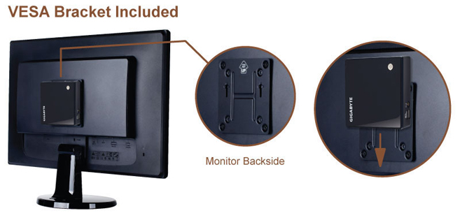 Gigabyte GB-BXI3-5010 PL01 BRIX Mini-PC System's VESA Bracket and Example of it on the back of a monitor