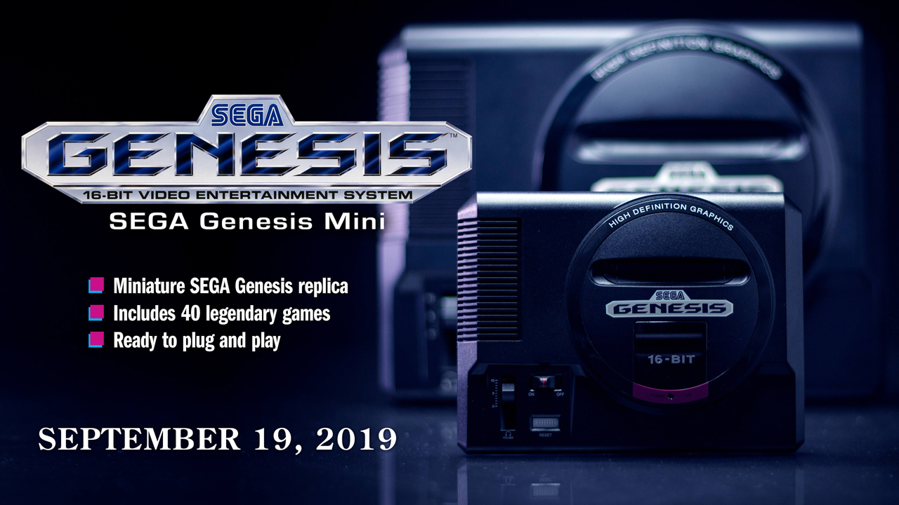 SEGA Genesis Mini banner with the original logo, the new mini version in front of the original system and text that reads: Miniature SEGA Genesis replica, includes 40 legendary games, ready to plug and play - September 19, 2019