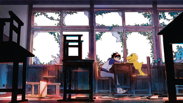 Digimon Survive Game Art Showing Takuma and Agumon sitting and talking in an empty classroom