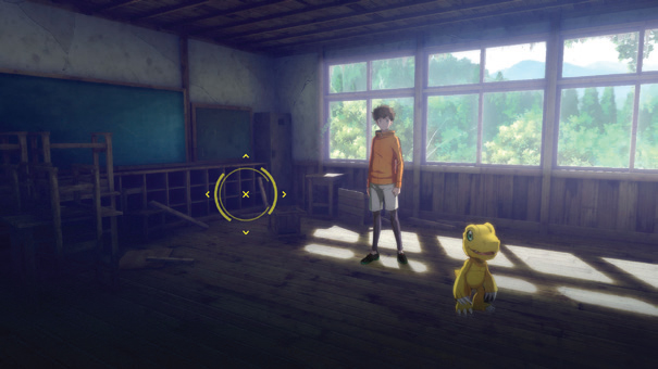 Digimon Survive Screenshot Showing Agumon and Takuma Standing in an Empty Classroom