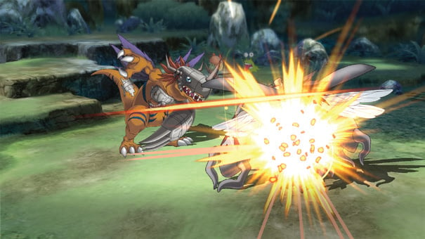 Digimon Survive Screenshot Showing Agumon in his powered up form attacking enemies in a green outdoor rocky setting