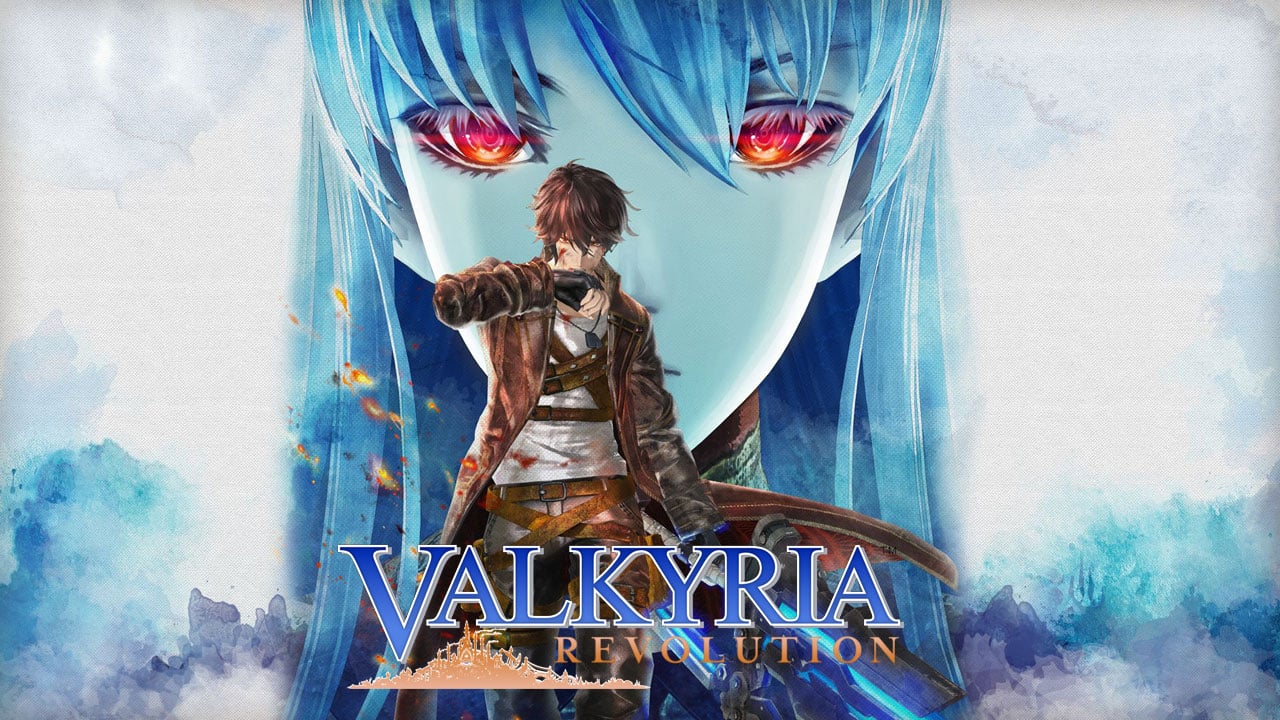 Valkyria Revolution title card showing main character Amleth in front of the face of Valkyria