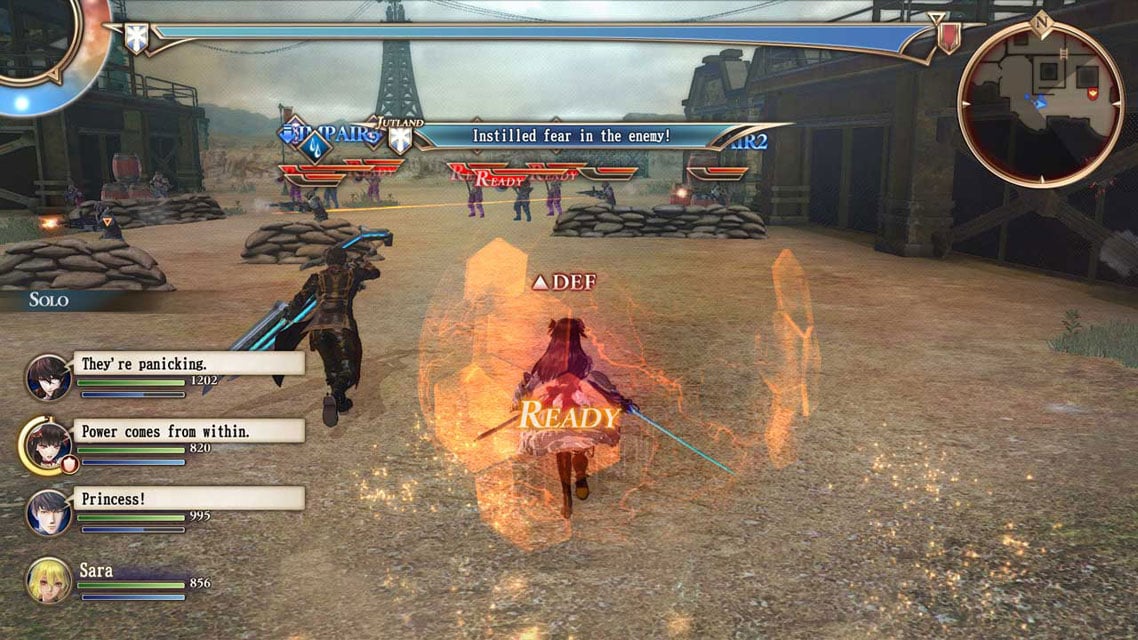 Valkyria Revolution screenshot showing Amleth and Ophelia approaching a garrison of enemy soldiers