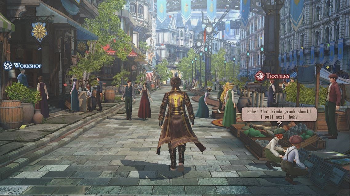 Valkyria Revolution screenshot showing Amleth walking through a town's cobblestone road on market day