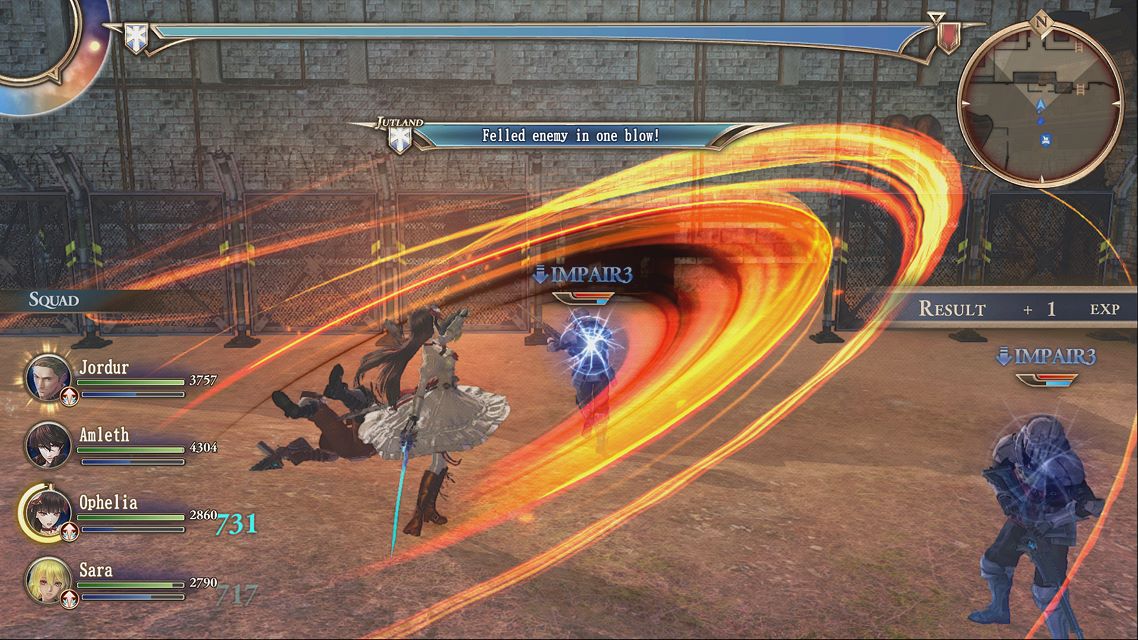 Valkyria Revolution combat screenshot showing a party of four fighting enemy soldiers