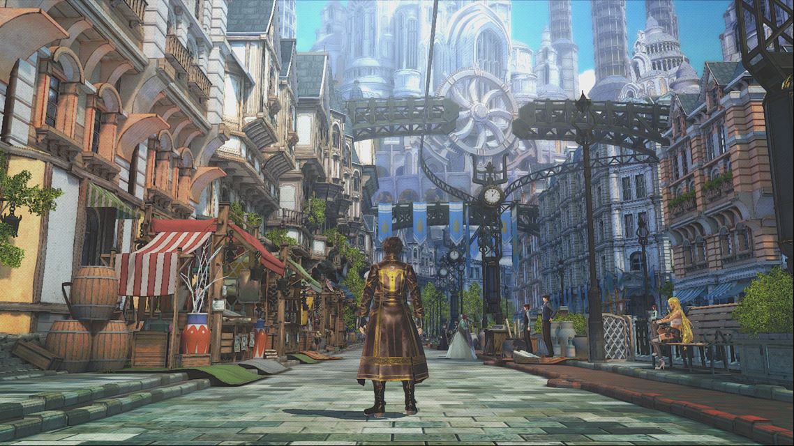 Valkyria Revolution screenshot showing Amleth on the city road approaching the main castle