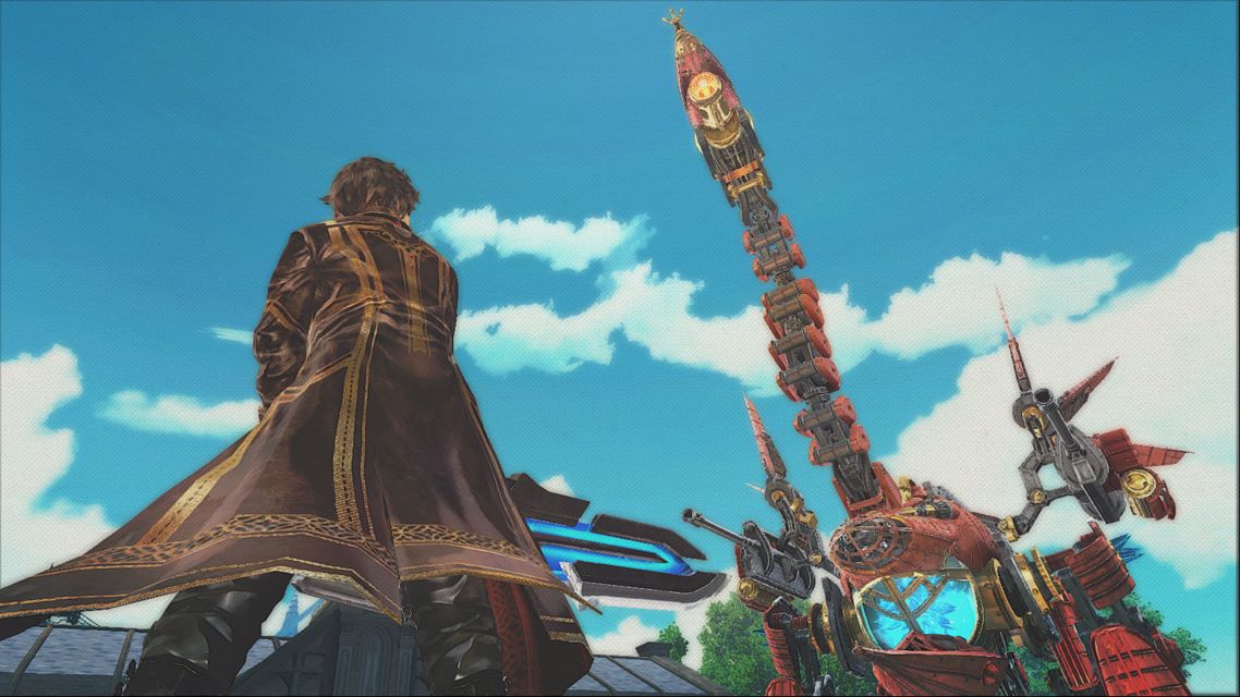 Valkyria Revolution screenshot showing Amleth with his sword drawn in front of a giraffe-like mech enemy