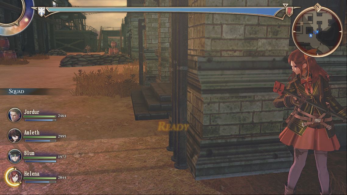 Valkyria Revolution screenshot showing Helena hiding behind cover during battle