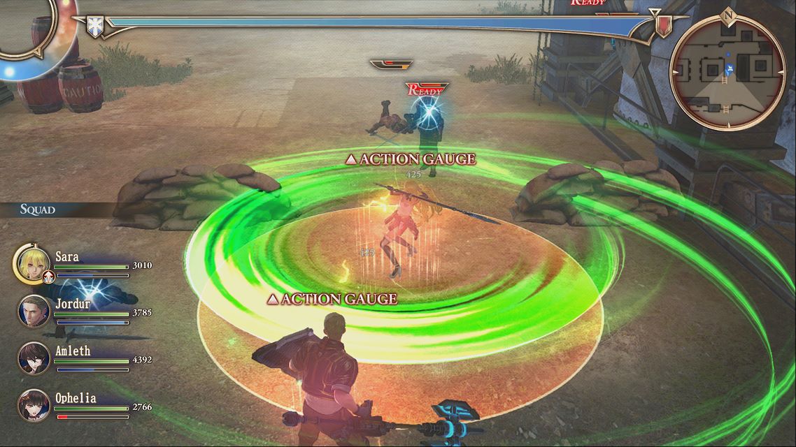 Valkyria Revolution combat screenshot with Sara performing a green spinning attack