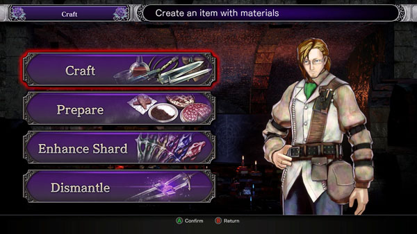 Bloodstained Ritual of the Night Game UI Showing the Craft, Prepare, Enhance Shard and Dismantle Options