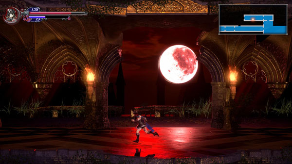 Bloodstained Ritual of the Night Screenshot Showing a Character Running in a Palace under a red moon