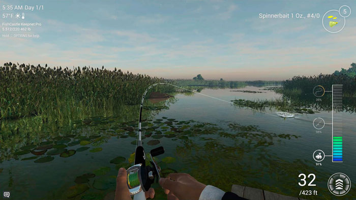 a screenshot showing a man fishing by a lotus pond