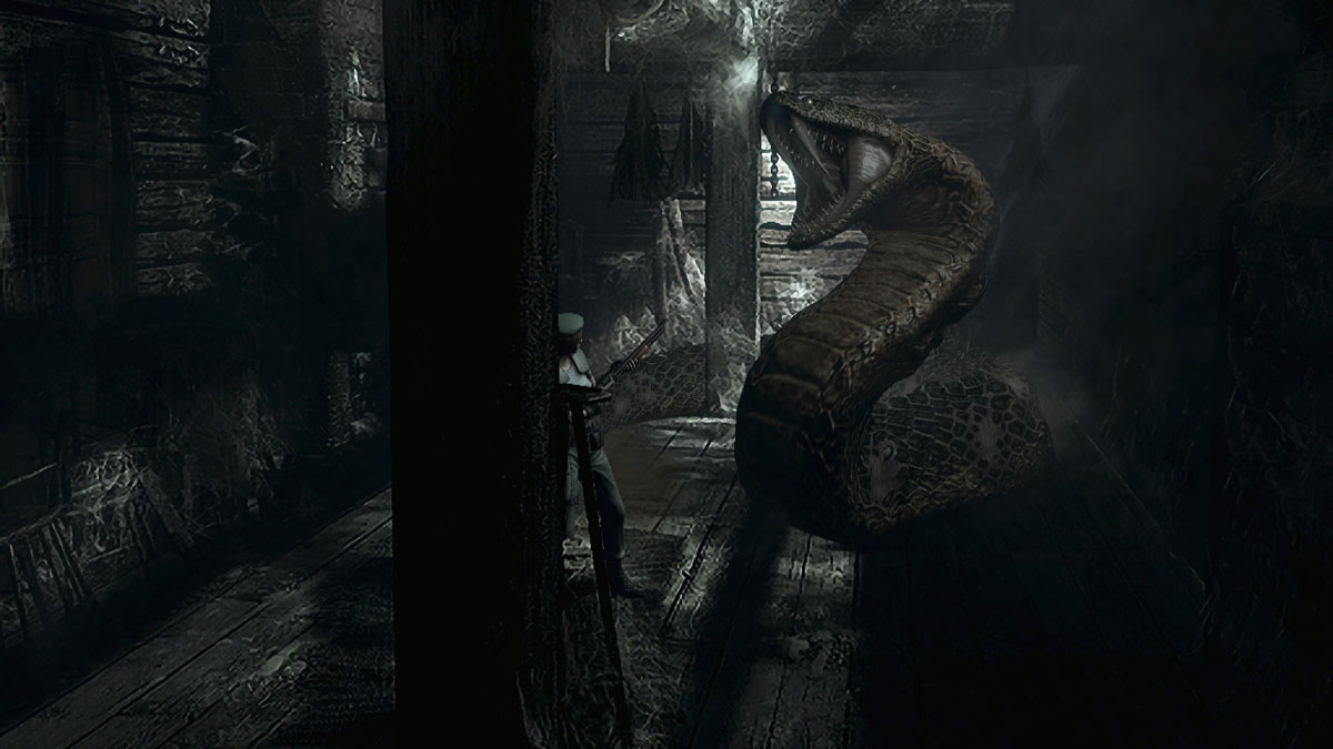 Resident Evil Origins Collection Screenshot Showing Jill Versus the Giant Zombie Snake