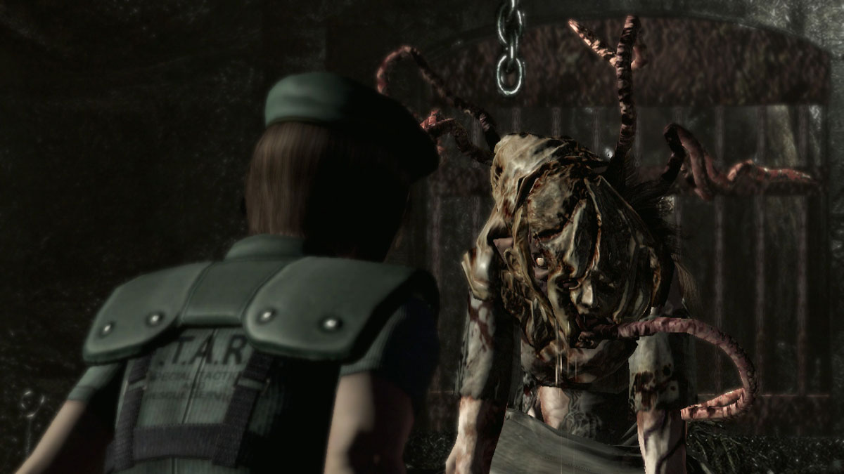 Resident Evil Origins Collection Screenshot Showing Jill Valentine Facing a Zombie That Has Mutations Coming Out of It