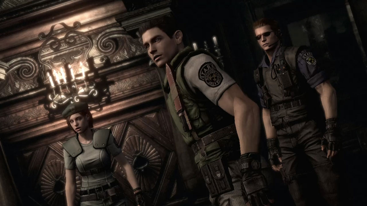 Resident Evil Origins Collection Screenshot Showing Albert Wesker, Jill Valentine and Chris Redfield in the Mansion