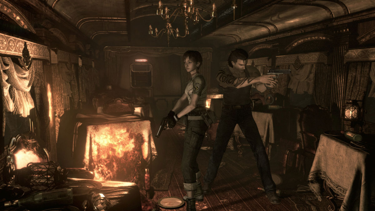 Resident Evil Origins Collection Screenshot Showing rookie officer Rebecca Chambers and convicted criminal Billy Coen standing side to side with handguns inside a train cart