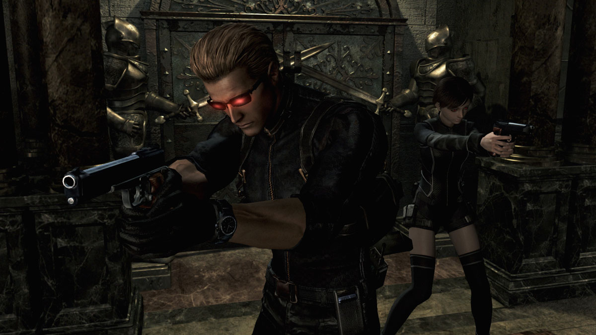 Resident Evil Origins Collection Screenshot Showing Albert Wesker and Rebecca Chambers Next to Each Other Inside, with their Handguns Drawn