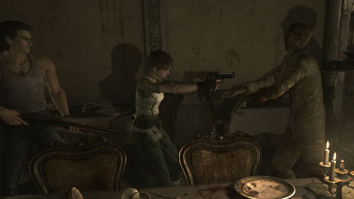 Resident Evil Origins Collection Screenshot Showing Rebecca Chambers and Billy Coen Facing Off Against an Oncoming Zombie in a Dining Room