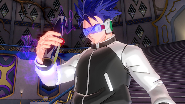 A customized player character in a building holding an important item