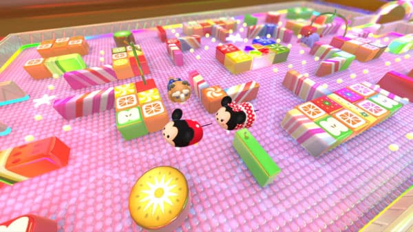 Mickey and Minnie Tsum Tsums going through a candy-themed maze