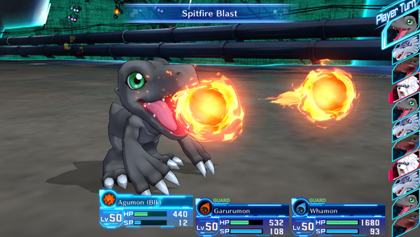 screenshot for Digimon Story Cyber Sleuth: Complete Edition showing a dinosaur ejecting fire