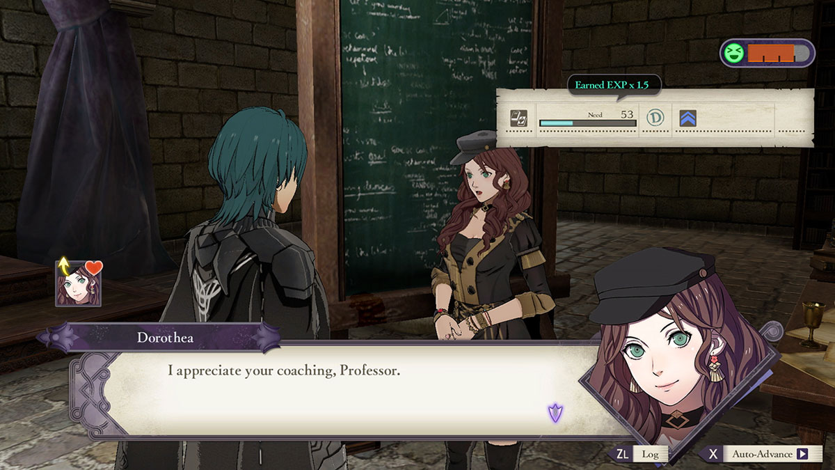 Byleth speaking with Dorothea next to a chalkboard in the castle classroom