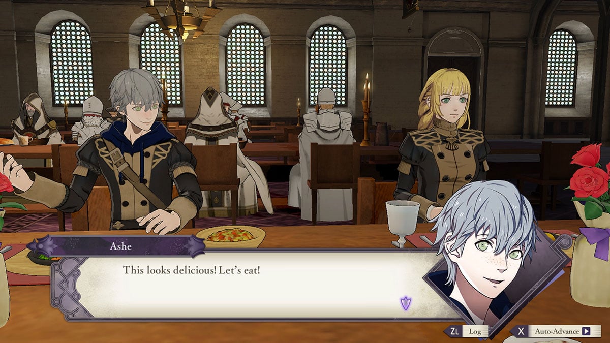 A conversation screenshot between Ashe and a blonde-haired female in a dining hall