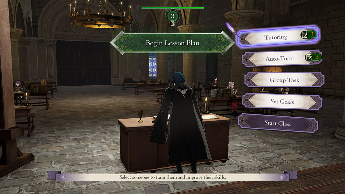 Lesson plan UI in front of male Byleth in a castle classroom
