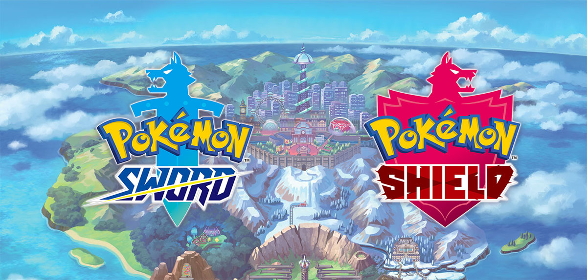 Pokemon Sword and Pokemon Shield main banner showing the games' logos and artwork of the Galar region