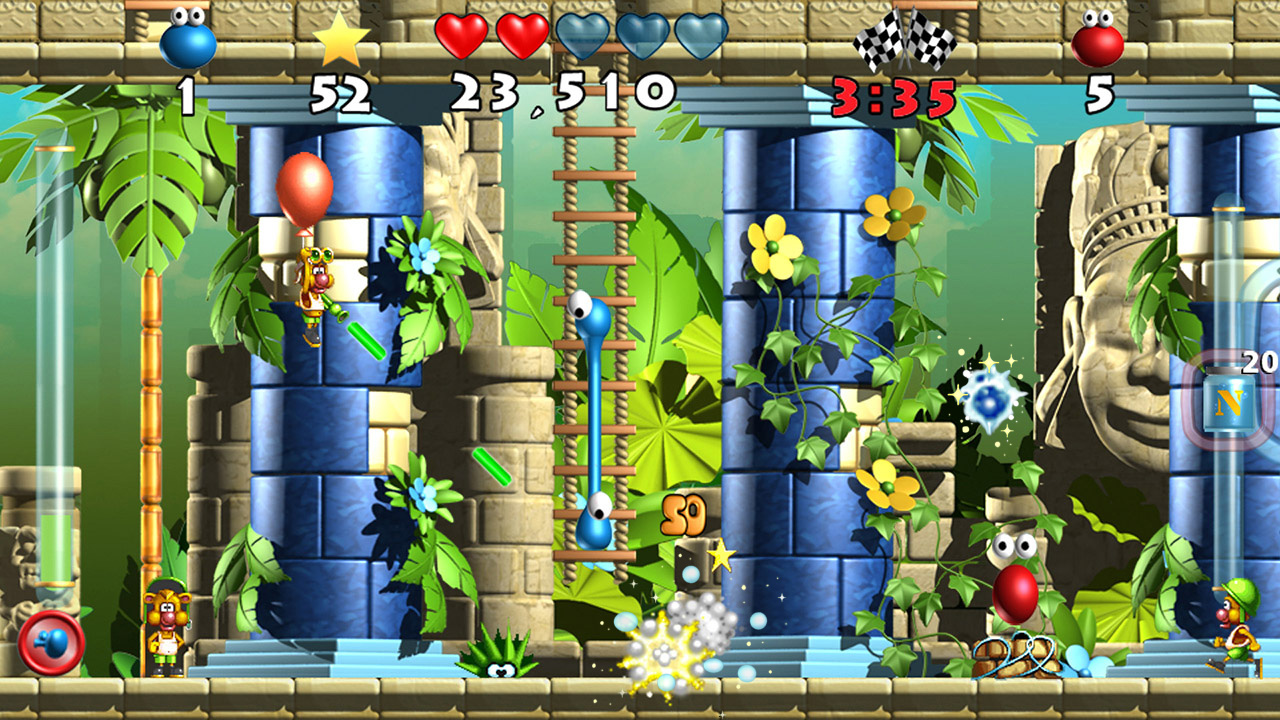 Level with gray and blue stone pillars and Egyptian statues in the background