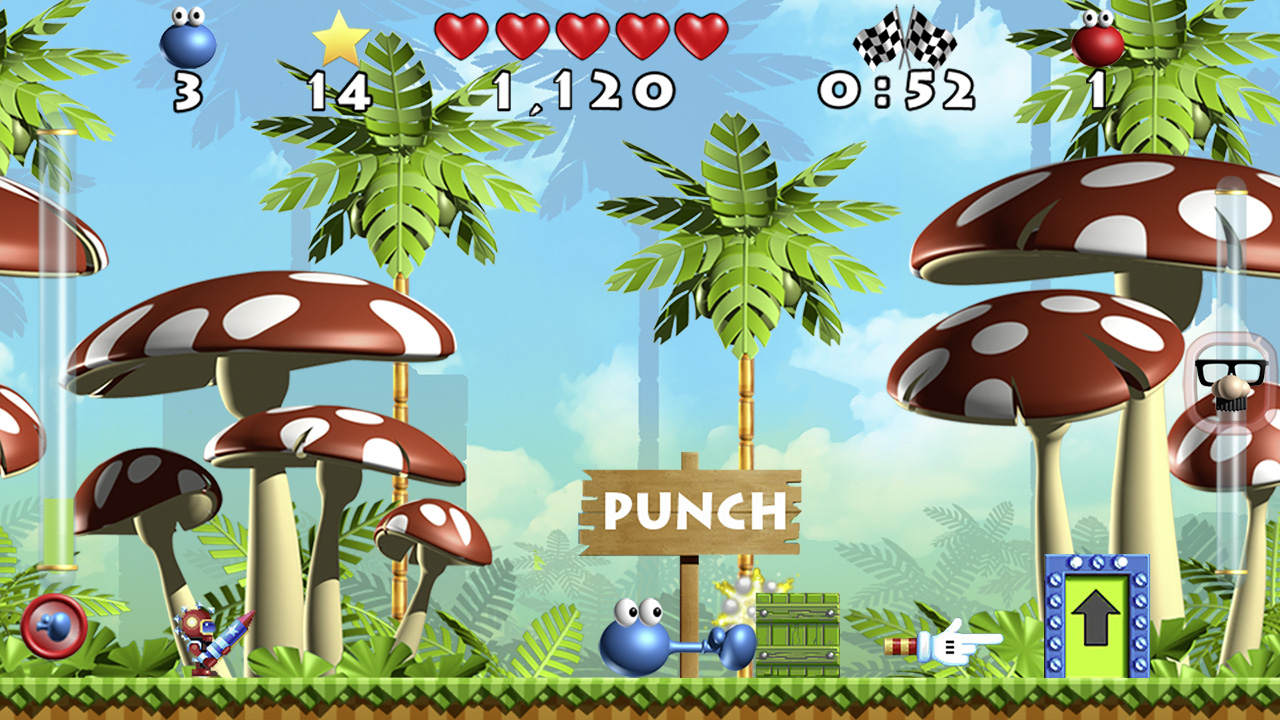Level with tropical greenery and giant mushrooms in the background