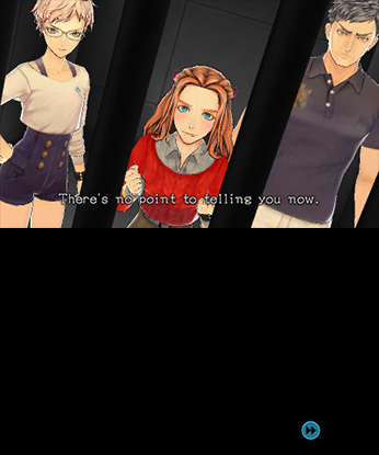 Screenshot showing three characters and dialog subtitles that read: There's no point in telling you now