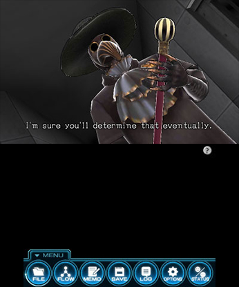 a character with a plague mask and cane with subtitle text that reads: I'm sure you'll determine that eventually
