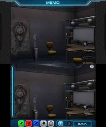 Memo screen showing an office space with a desk, chair monitor and poster of a white-dressed person