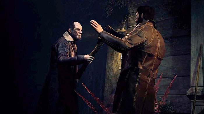 a man is threatening another man with an axe in Call of Cthulu