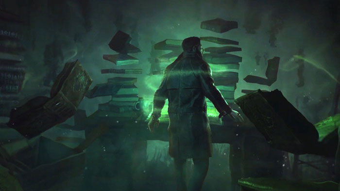a man stand in front a desk fulled of books in Call of Cthulu