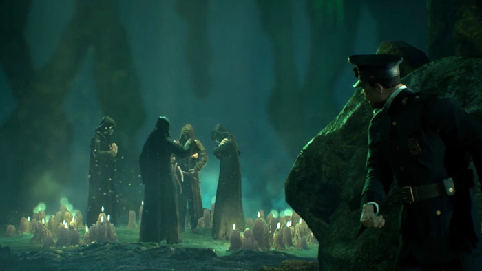 a policeman is observing a crime scene in Call of Cthulu