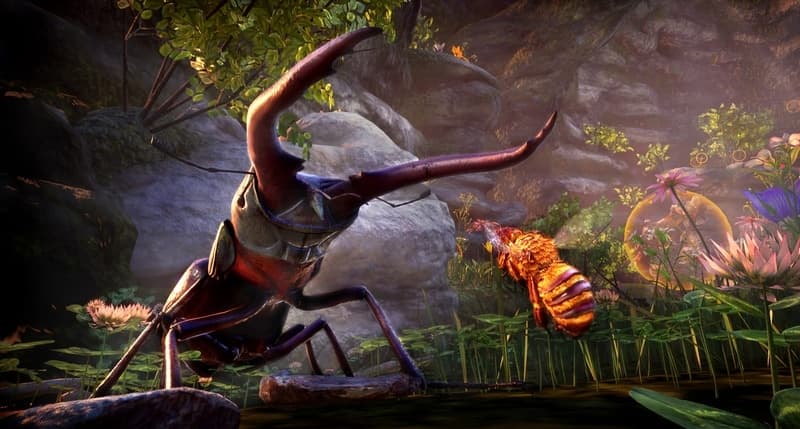a bee confronting a giant beetle