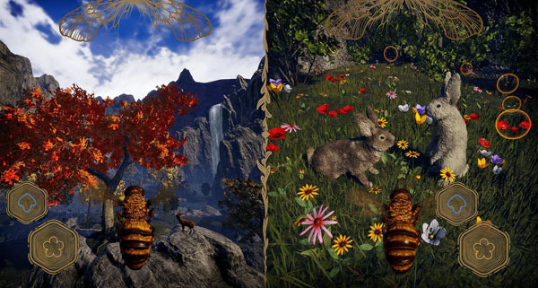 screenshot for Bee Simulator showing the player-controlled bee flying toward a red tree on a mountainside and two rabbits facing each other