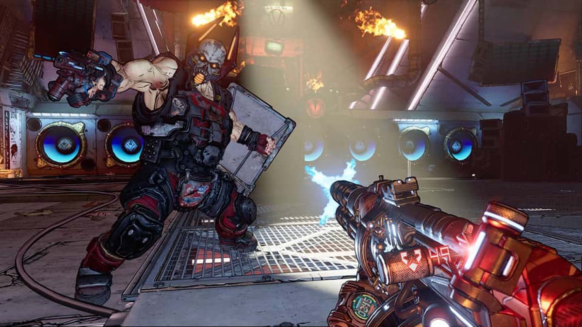 Borderlands 3 Screenshot Showing the Player Shooting Towards an Armored Enemy with a Gun and Shield